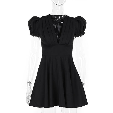 New Casual Elegant Deep V-neck Bubble Sleeves Cute Fluffy A-line Mini Short Dress CODE: KAR3362