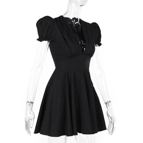 New Casual Elegant Deep V-neck Bubble Sleeves Cute Fluffy A-line Mini Short Dress CODE: KAR3362