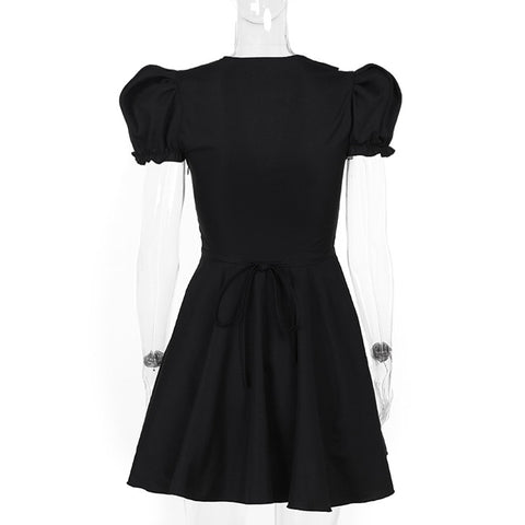 New Casual Elegant Deep V-neck Bubble Sleeves Cute Fluffy A-line Mini Short Dress CODE: KAR3362