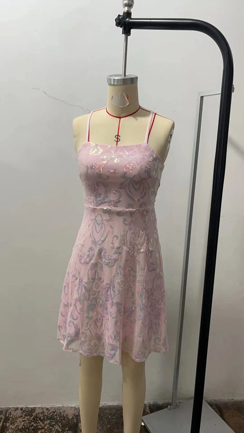 Summer Fashion Slim Fit Sequined Sleeveless Camis Short Dress CODE: KAR3364
