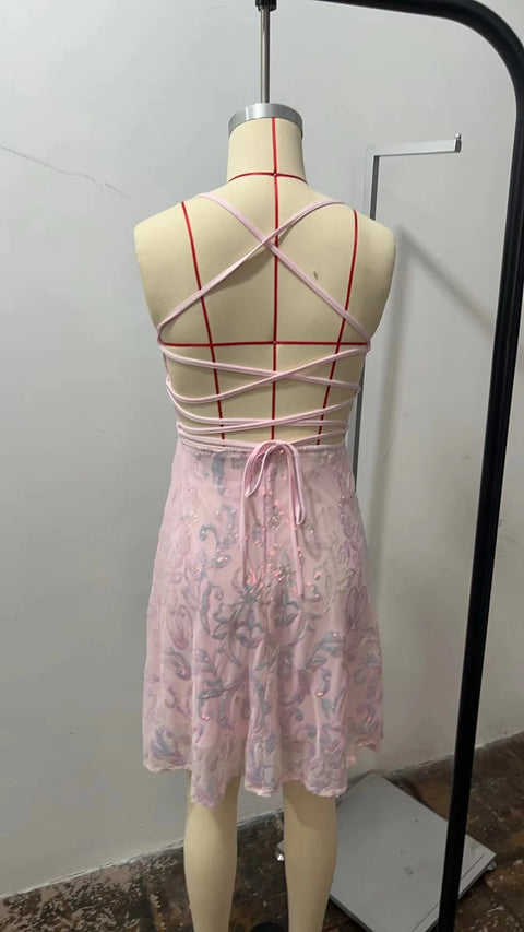 Summer Fashion Slim Fit Sequined Sleeveless Camis Short Dress CODE: KAR3364