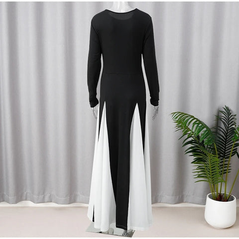 New Elegant Contrasting O-neck Long Sleeve Pleated Slim A-line Maxi Long Dress CODE: KAR3365