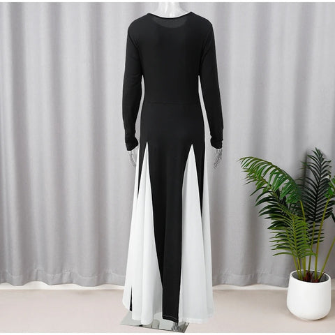 New Elegant Contrasting O-neck Long Sleeve Pleated Slim A-line Maxi Long Dress CODE: KAR3365