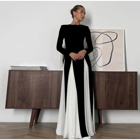 New Elegant Contrasting O-neck Long Sleeve Pleated Slim A-line Maxi Long Dress CODE: KAR3365