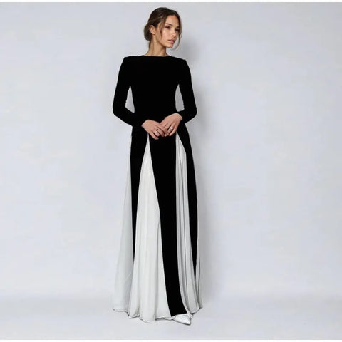 New Elegant Contrasting O-neck Long Sleeve Pleated Slim A-line Maxi Long Dress CODE: KAR3365