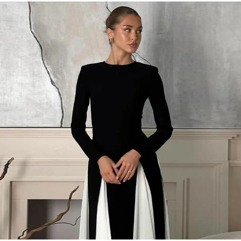 New Elegant Contrasting O-neck Long Sleeve Pleated Slim A-line Maxi Long Dress CODE: KAR3365