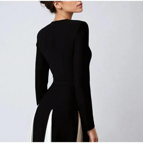 New Elegant Contrasting O-neck Long Sleeve Pleated Slim A-line Maxi Long Dress CODE: KAR3365