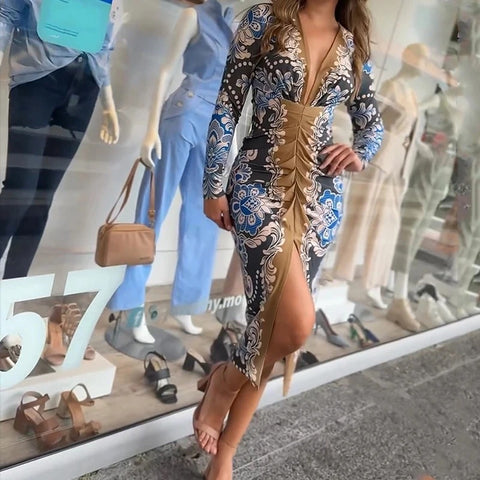 New Fashion Deep V Draped Slim Printed Patchwork Long Sleeved Party Dress CODE: KAR3366