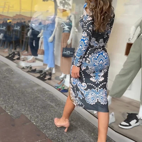 New Fashion Deep V Draped Slim Printed Patchwork Long Sleeved Party Dress CODE: KAR3366
