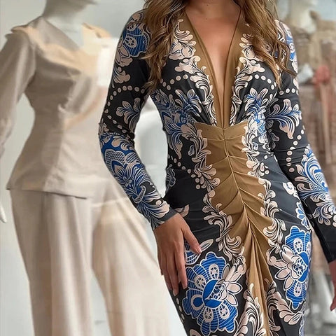 New Fashion Deep V Draped Slim Printed Patchwork Long Sleeved Party Dress CODE: KAR3366