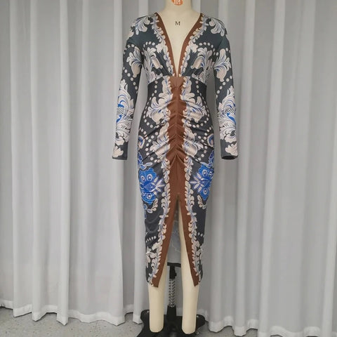 New Fashion Deep V Draped Slim Printed Patchwork Long Sleeved Party Dress CODE: KAR3366