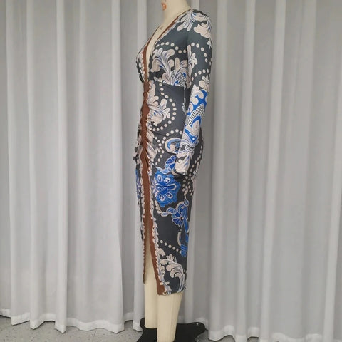 New Fashion Deep V Draped Slim Printed Patchwork Long Sleeved Party Dress CODE: KAR3366