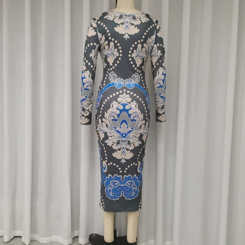 New Fashion Deep V Draped Slim Printed Patchwork Long Sleeved Party Dress CODE: KAR3366
