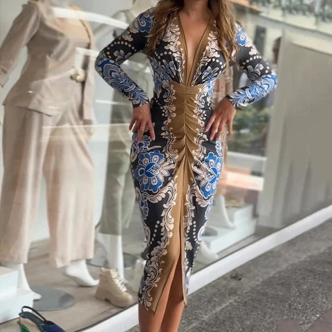 New Fashion Deep V Draped Slim Printed Patchwork Long Sleeved Party Dress CODE: KAR3366
