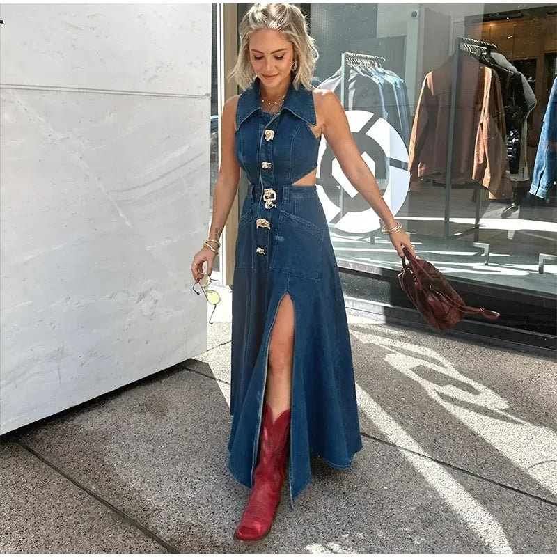 New Sexy See Through Sleeveless Single Breasted Lapel Side Split Long Dress CODE: KAR3368