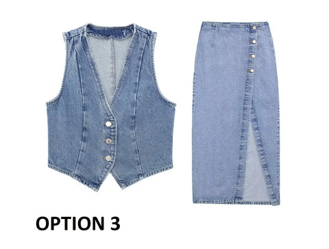 Summer New Short Tank Top in Stock Double breasted Midi Skirt Set CODE: KAR3370