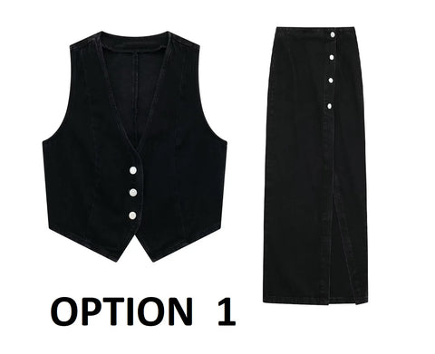 Summer New Short Tank Top in Stock Double breasted Midi Skirt Set CODE: KAR3370