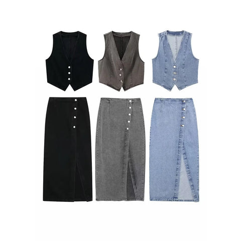 Summer New Short Tank Top in Stock Double breasted Midi Skirt Set CODE: KAR3370