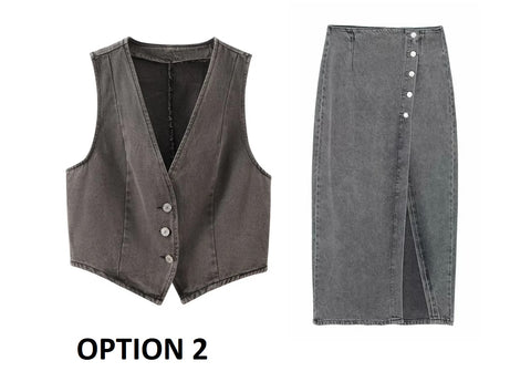Summer New Short Tank Top in Stock Double breasted Midi Skirt Set CODE: KAR3370