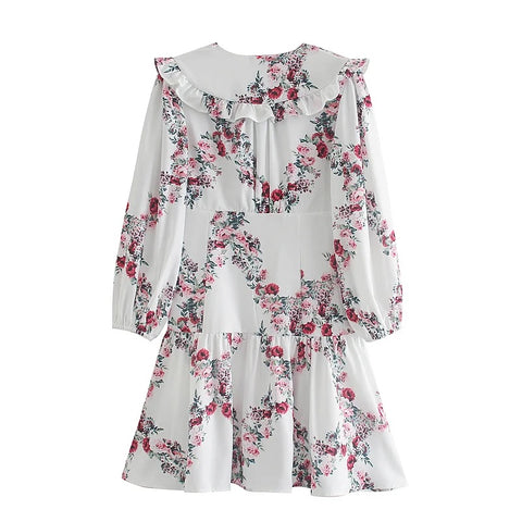 Summer New Puff Sleeve Lotus Leaf Printed V-Neck Knee-length Waist Lace-up Decoration Vestidos Dress CODE: KAR3372