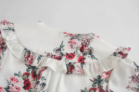 Summer New Puff Sleeve Lotus Leaf Printed V-Neck Knee-length Waist Lace-up Decoration Vestidos Dress CODE: KAR3372