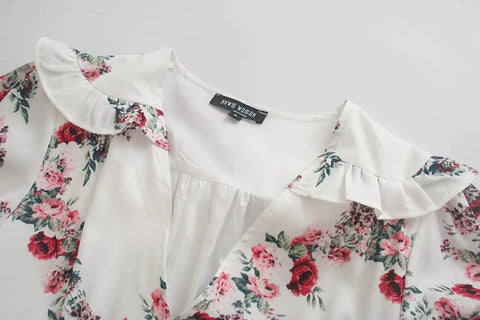 Summer New Puff Sleeve Lotus Leaf Printed V-Neck Knee-length Waist Lace-up Decoration Vestidos Dress CODE: KAR3372