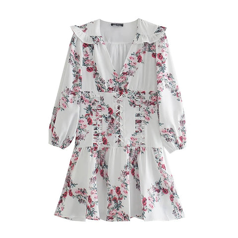 Summer New Puff Sleeve Lotus Leaf Printed V-Neck Knee-length Waist Lace-up Decoration Vestidos Dress CODE: KAR3372