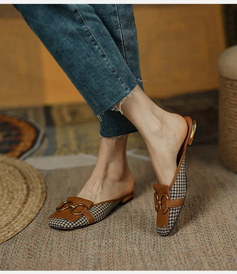 New Plaid Casual Mules Square Toe Tassel Fringed Flat CODE: KAR3373