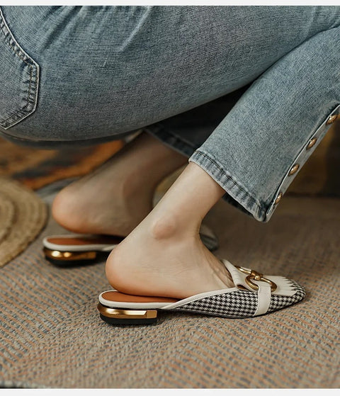 New Plaid Casual Mules Square Toe Tassel Fringed Flat CODE: KAR3373