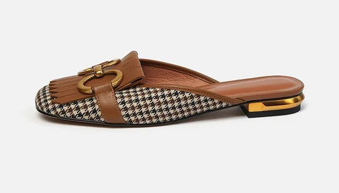 New Plaid Casual Mules Square Toe Tassel Fringed Flat CODE: KAR3373