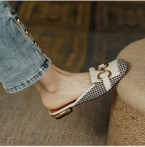 New Plaid Casual Mules Square Toe Tassel Fringed Flat CODE: KAR3373