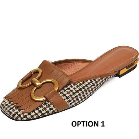 New Plaid Casual Mules Square Toe Tassel Fringed Flat CODE: KAR3373