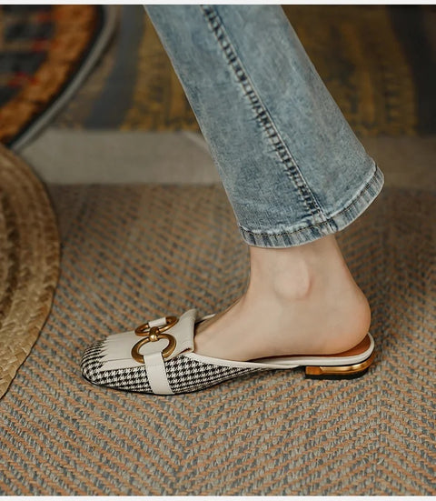 New Plaid Casual Mules Square Toe Tassel Fringed Flat CODE: KAR3373