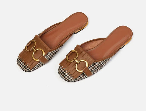 New Plaid Casual Mules Square Toe Tassel Fringed Flat CODE: KAR3373