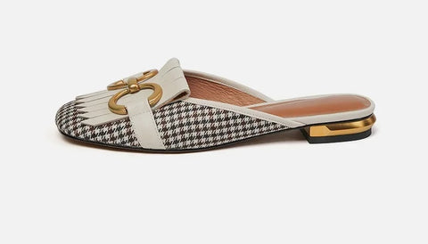 New Plaid Casual Mules Square Toe Tassel Fringed Flat CODE: KAR3373