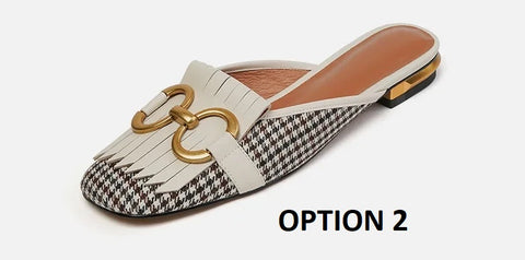 New Plaid Casual Mules Square Toe Tassel Fringed Flat CODE: KAR3373