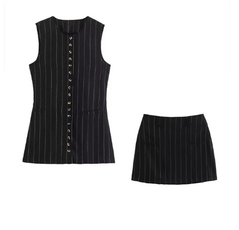 New Casual Striped Mini Skirt Vest Slim Round Neck Sleeveless Single Breasted 2 Pieces Set CODE: KAR3375