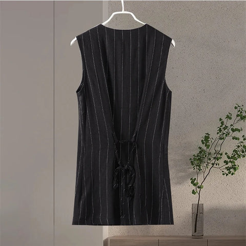 New Casual Striped Mini Skirt Vest Slim Round Neck Sleeveless Single Breasted 2 Pieces Set CODE: KAR3375