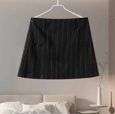 New Casual Striped Mini Skirt Vest Slim Round Neck Sleeveless Single Breasted 2 Pieces Set CODE: KAR3375