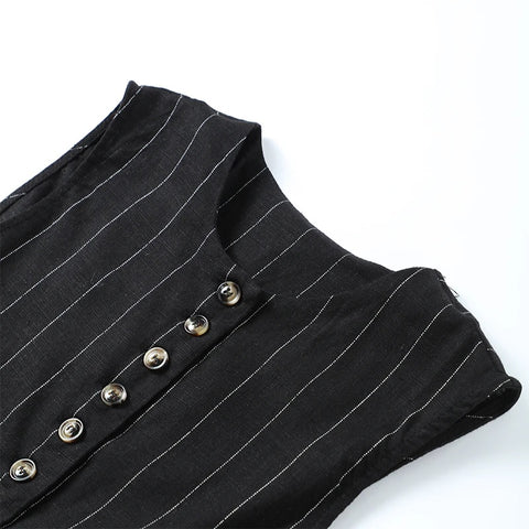 New Casual Striped Mini Skirt Vest Slim Round Neck Sleeveless Single Breasted 2 Pieces Set CODE: KAR3375