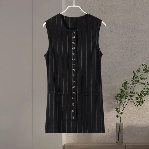 New Casual Striped Mini Skirt Vest Slim Round Neck Sleeveless Single Breasted 2 Pieces Set CODE: KAR3375