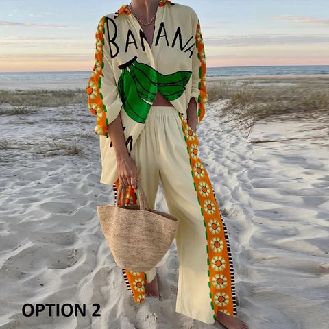 New Printed Loose Full Sleeve Lapel Shirt Pant Two-Piece Set CODE: KAR3376