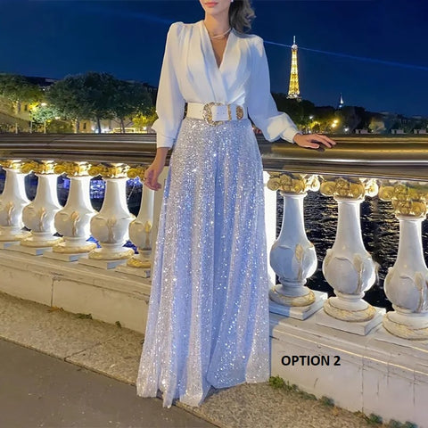 New fashion V-neck long sleeved shirt with elegant temperament slim waist jumpsuit CODE: KAR3379