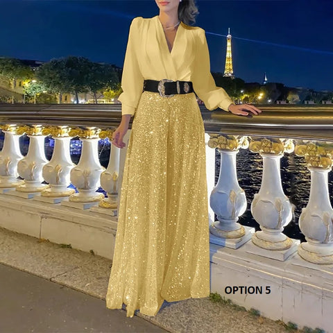 New fashion V-neck long sleeved shirt with elegant temperament slim waist jumpsuit CODE: KAR3379