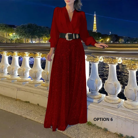 New fashion V-neck long sleeved shirt with elegant temperament slim waist jumpsuit CODE: KAR3379