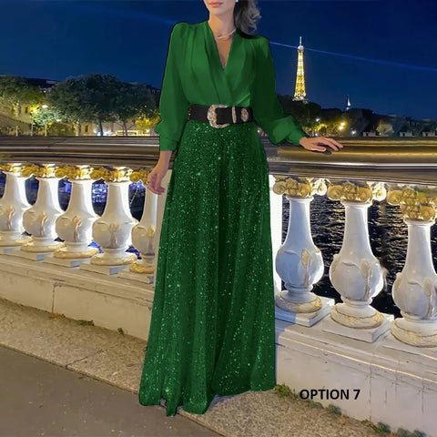 New fashion V-neck long sleeved shirt with elegant temperament slim waist jumpsuit CODE: KAR3379