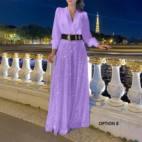 New fashion V-neck long sleeved shirt with elegant temperament slim waist jumpsuit CODE: KAR3379