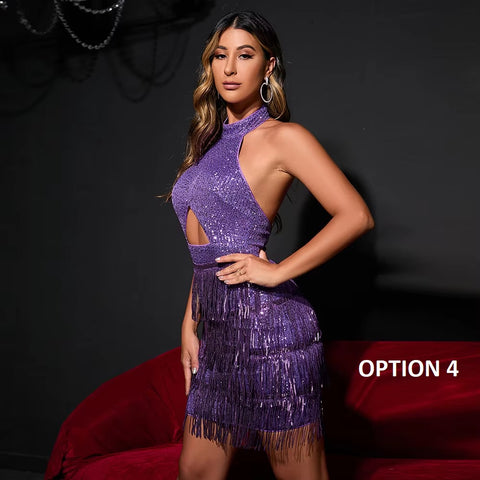 New Sexy Glitter Tiered Tassel Fringe Sequins Luxury Cut Out Mini Dress CODE: KAR3380