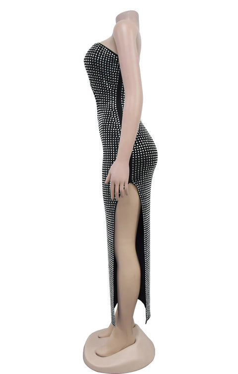 New Luxury Fashion Rhinestones Hollow Out Slit Off Shoulder Backless Bodycon Vestidos Dress CODE: KAR3381