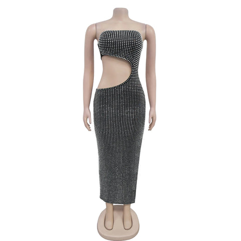 New Luxury Fashion Rhinestones Hollow Out Slit Off Shoulder Backless Bodycon Vestidos Dress CODE: KAR3381